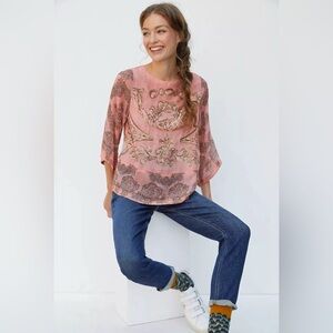 Anthropologie Pink Sequined & Embroidered Patterned Blouse Sz. Lg